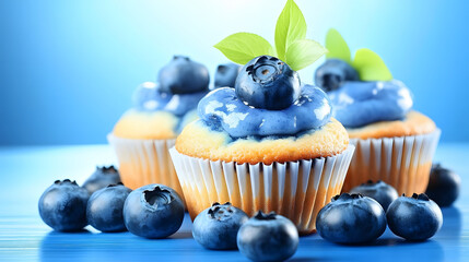 A trio of delicious blueberry cupcakes topped with creamy frosting and fresh blueberries, set against a vibrant blue background