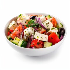 A Greek salad with feta cheese and Kalamata olives, isolated white background, modern art style