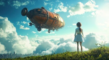 Obraz premium A girl stands on the grass, watching an airship floating in front of her. 