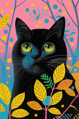 Black cat staring with green eyes in colorful garden