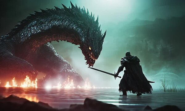 Epic fantasy scene featuring a massive dragon poised in a fierce confrontation with a lone warrior in a dark mystical landscape amidst smoke and flickering flames with ai generated.