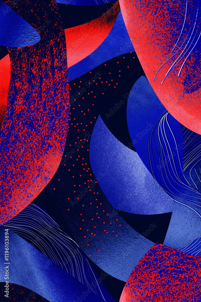 Poster abstract background featuring dynamic interplay of red and blue shapes with textured details