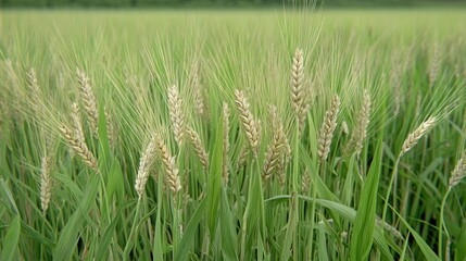 Obraz premium A field of ripening wheat surrounded by green grass.