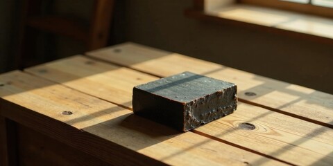 Dark Artisan Soap Bar Resting on a Rustic Wooden Surface Bathed in Sunlight