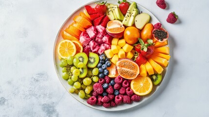 A colorful seasonal fruit platter, with a variety of fresh, vibrant fruits