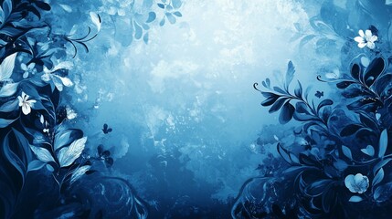Dreamy blue floral background with artistic paint texture, featuring delicate flowers and leaves.
