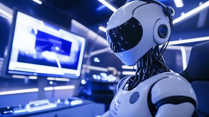 A robot operating a state-of-the-art virtual reality setup in a futuristic gaming lounge with immersive VR equipment, clean and immersive environment, VR-tech style