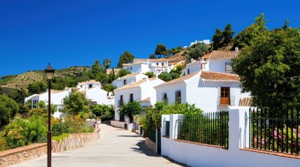 Fototapeta premium Charming white houses on a sunny hillside pathway.