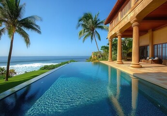 Fototapeta premium A luxurious beachfront villa with an infinity pool overlooking the ocean, surrounded by palm trees and grassy lawns under clear blue skies.