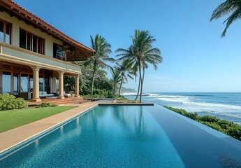 A luxurious beachfront villa with an infinity pool overlooking the ocean, surrounded by palm trees and grassy lawns under clear blue skies.