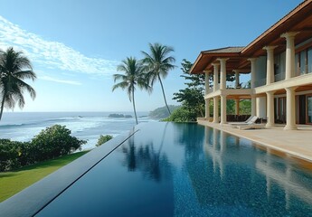 Fototapeta premium A luxurious beachfront villa with an infinity pool overlooking the ocean, surrounded by palm trees and grassy lawns under clear blue skies.
