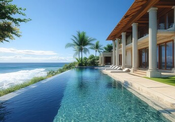 Fototapeta premium A luxurious beachfront villa with an infinity pool overlooking the ocean, surrounded by palm trees and grassy lawns under clear blue skies.