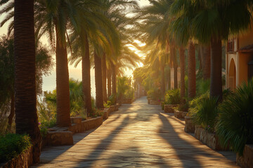 Sunlit Promenade with Palm Trees, Warm and Inviting