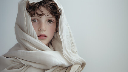 Inquisitive Child Wearing Simple Clothes, White Background Highlighting Youthful Innocence