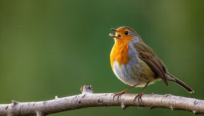 Robin Singing on a Moss-Covered Branch in a Lush Green Setting