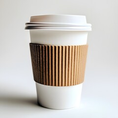 Close-up of plastic coffee cups and recycled paper on a clean white background, showing a modern design for promotional purposes.