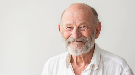 Portrait of an Elderly Man with a Kind Smile, Wisdom and Experience Accentuated by the Simplicity of a White Background