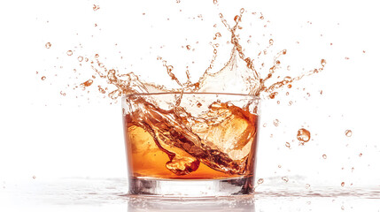 Splash of coffee mid-air captured in frozen motion, clean white background, dynamic liquid spill, artistic beverage photography for modern.