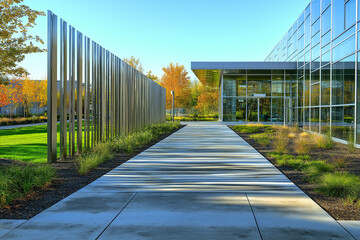 Obraz premium Polished Steel Fence at a Tech Campus with Paved Access Pathways