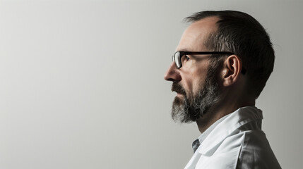 Lab Coat Professional in Profile, Glasses Glinting with Knowledge and Dedication, White Backdrop Emphasizing Expertise
