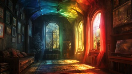 Fototapeta premium Rainbow-hued drapes illuminate a vintage room with arched windows, antique furniture, and art.