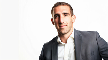 Confident Business Leader in Stylish Suit, Commanding Posture Against Pure White Backdrop
