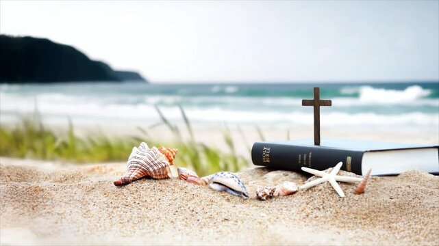 Summer camp background with bible and crucifix of Jesus Christ on sandy beach with waves and sea and seashells and conch and starfish. Summer retreat concept. Summer bible school.

