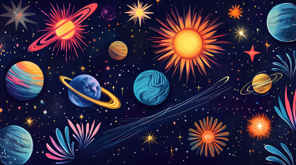 Celestial neon tapestry: cosmic motifs, glowing neon accents, interstellar shadows. Starweave. Illustration