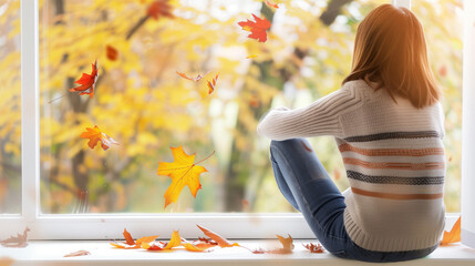 Woman Contemplating Falling Autumn Leaves by Window, Melancholic Expression in Soft Natural Light, Blurred Warm-Toned Background - Seasonal Affective Disorder Symbol