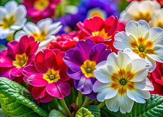 Fototapeta premium Vibrant Primrose Flowers: White, Red, Purple Primula Primulaceae Blooms