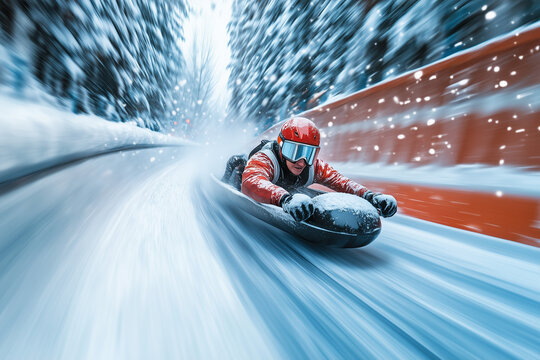 A luger speeding down an icy track capturing the thrill of winter sport action