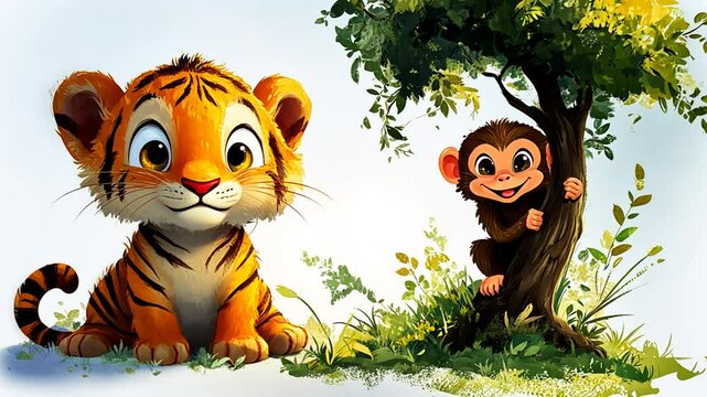Adorable tiger cub and monkey illustration.