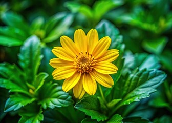 Vibrant Yellow Flower with Lush Green Leaf Background - Stock Photo