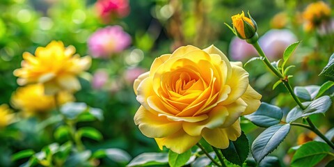 Vibrant Yellow Rose Blooming in Lush Garden - Stock Photo