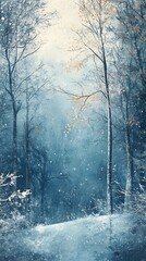 Foggy winter landscape with coniferous trees in mountains.
