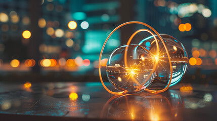 Merging Energy Spheres Symbolizing Powerful Merger with Futuristic City Lights, High-Tech Concept Close-Up