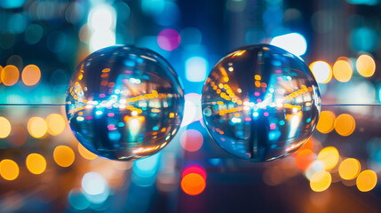 Dynamic Fusion of Energy Spheres Representing Power Convergence with a Futuristic Urban Twilight, Artistic Stock Image with Copy Space