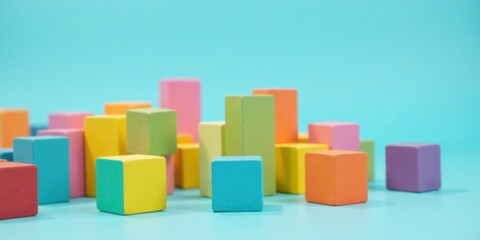 Fototapeta premium Colorful blocks arranged in a playful, abstract formation against a light blue backdrop, suggesting creativity and potential.
