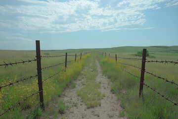 Fototapeta premium Old-Fashioned Barbed Wire Fence on a Cattle Range for Rural Protection