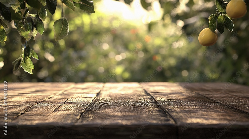 Poster empty wooden table with garden background and bokeh effect