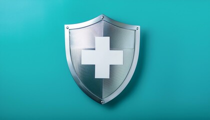Fototapeta premium Metal shield with a white cross on teal background. Health protection concept.