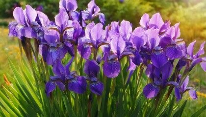 Vibrant purple irises in full bloom, bathed in sunlight.