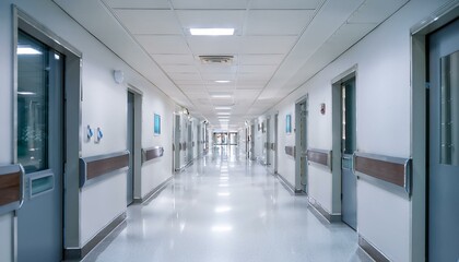 Empty hospital corridor with closed doors, sterile and bright.