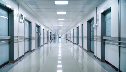 Fototapeta premium Empty hospital hallway with bright lights and clean floors.
