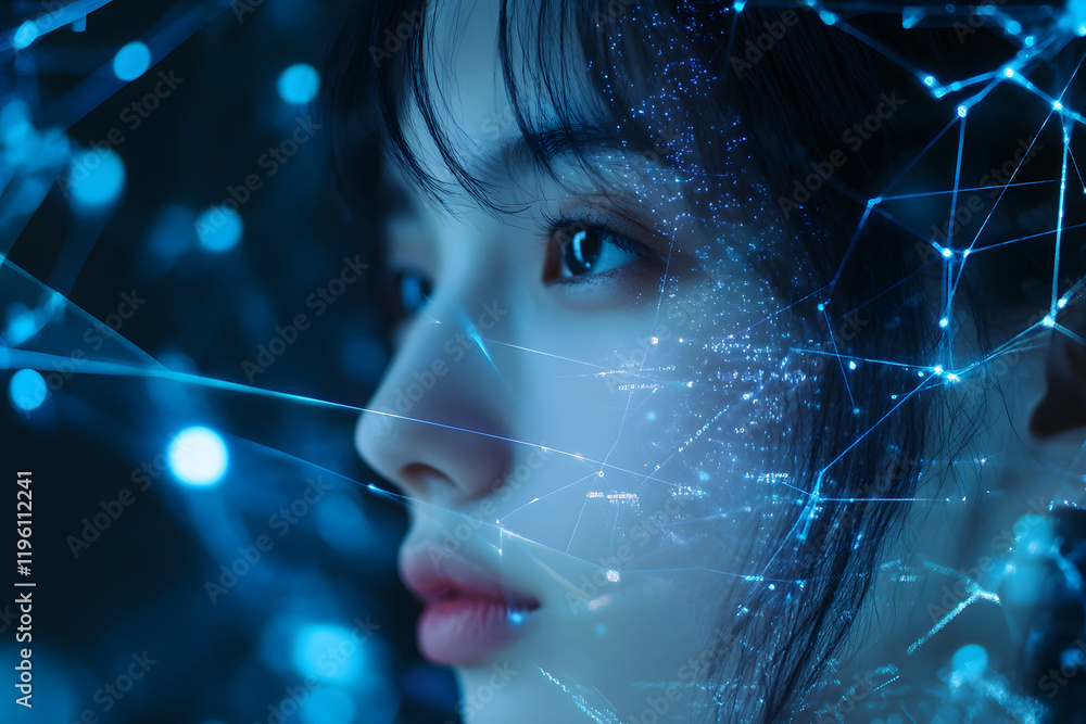 Poster image of a girl with a hologram of a digital network and connections. technological design. interact