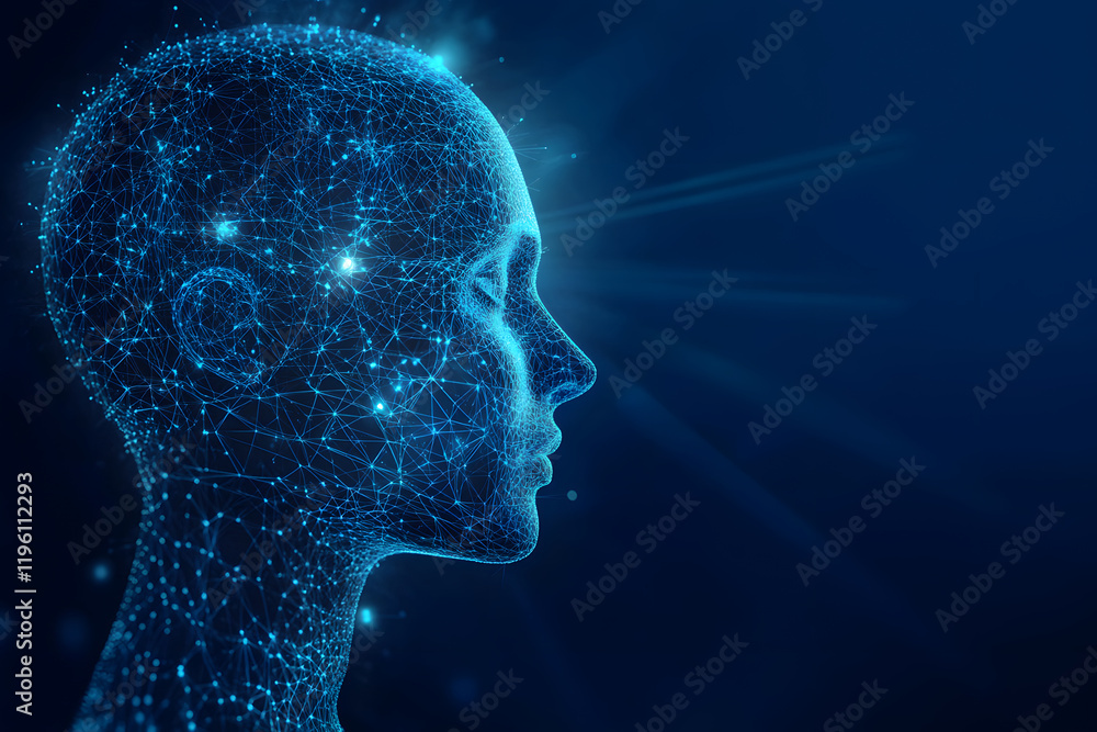Poster abstract illustration of ai visualization. dark blue background. a face consisting of glowing digita