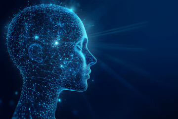 Obraz premium Abstract illustration of AI visualization. dark blue background. a face consisting of glowing digital lines and dots. artificial intelligence. technology and data network. futuristic atmosphere
