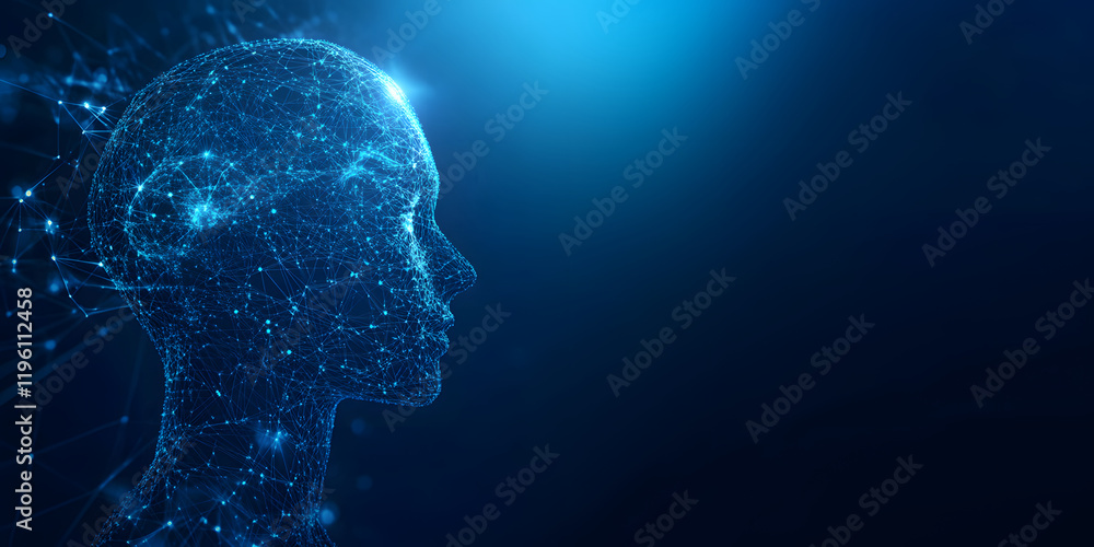 Poster abstract illustration of ai visualization. dark blue background. a face consisting of glowing digita