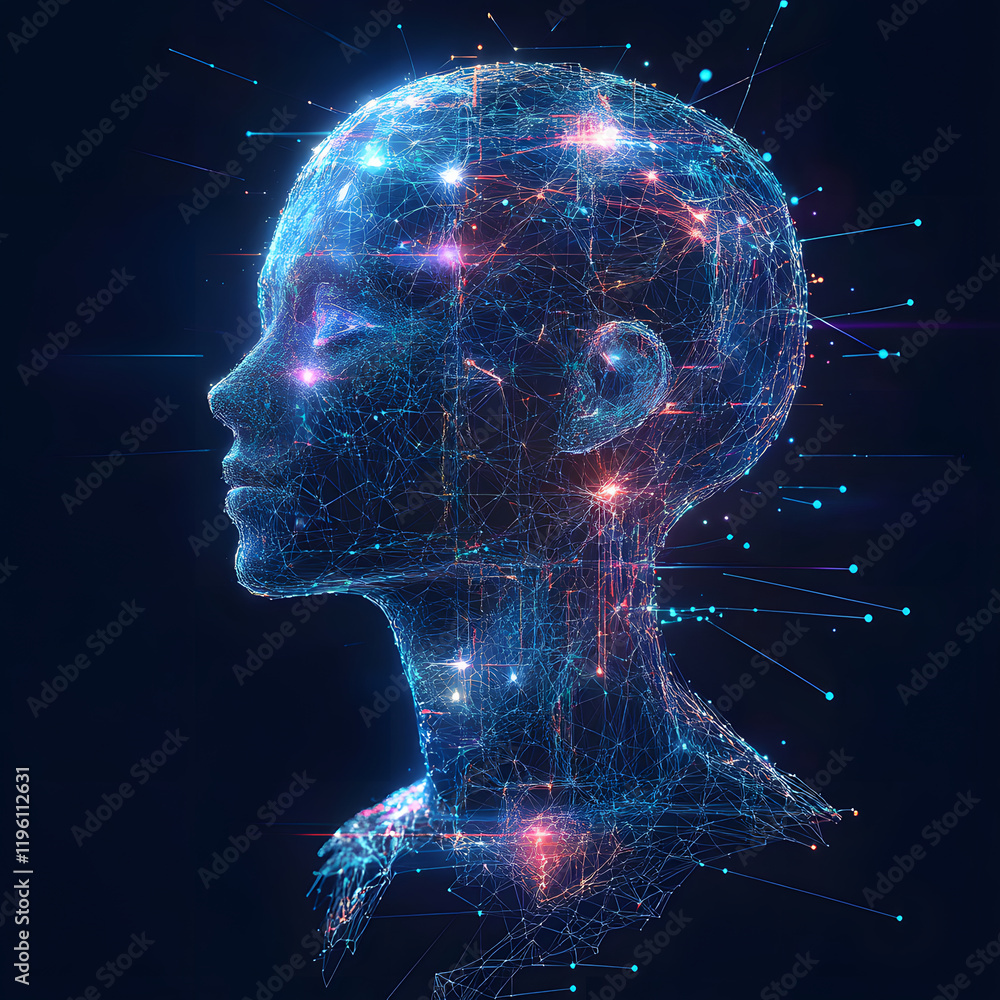 Poster abstract illustration of ai visualization. dark blue background. a face consisting of glowing digita