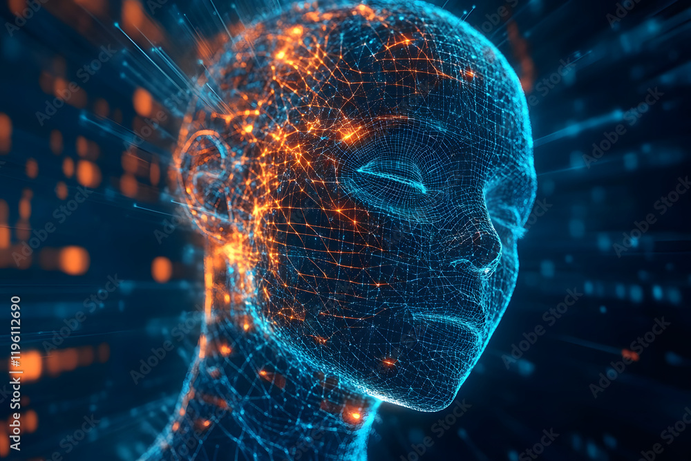 Poster abstract illustration of ai visualization. dark blue background. a face consisting of glowing digita